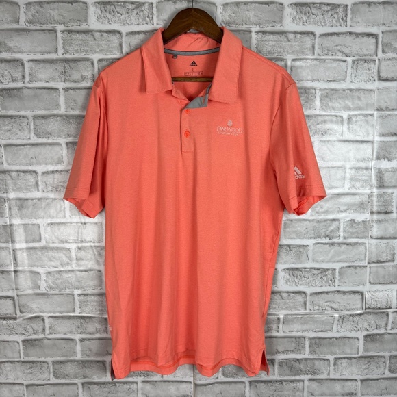 Adidas Golf x Pinewood CC Salmon Pink Performance Golf Polo Mens LARGE Stretch - Picture 2 of 8